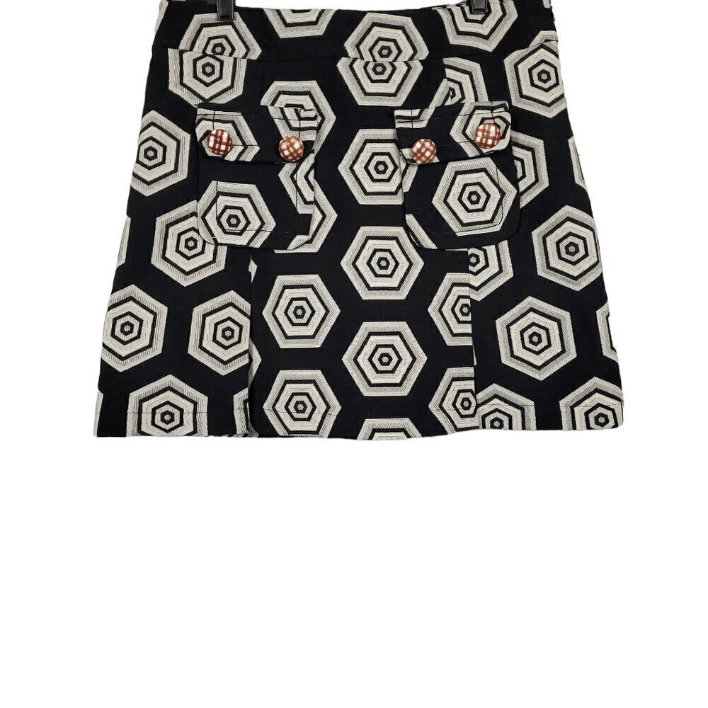🔥097 Desigual Geometric Retro Printed Black And Cream Wool Blend Mini Skirt